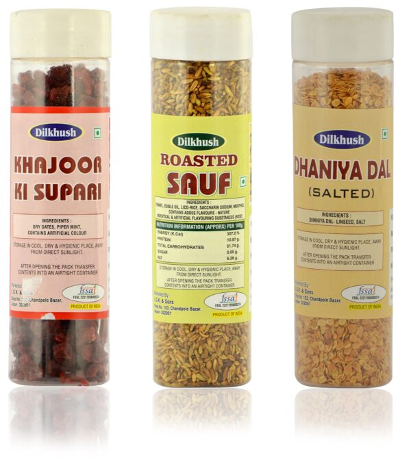 Dilkhush Khajoor Ki Supari and Roasted Sauf and Dhaniya Dal, 400 g (Combo of 3) - Fast Shipping to USA & Canada