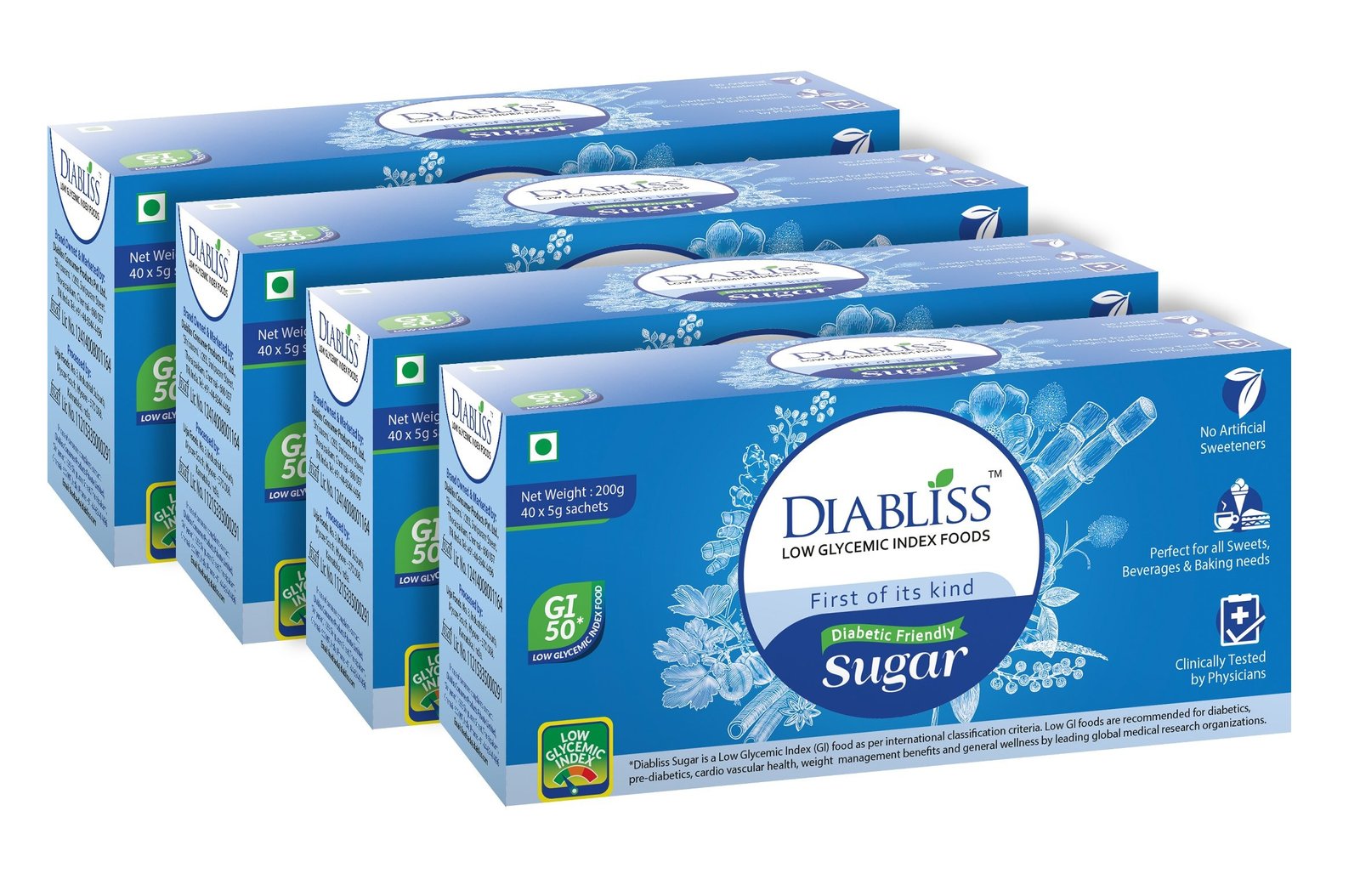 913G7dsKGL.jpg Diabliss Diabetic Friendly Herbal Cane Sugar 5 Gms Sachet Pack - 200 Gms(40x5g) - Pack of 4 Combo Pack - Image 1