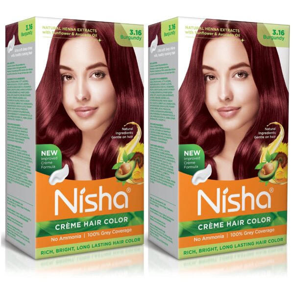 Nisha Creme Hair Color Burgundy 120g Pack of 2, Permanent Hair colour with Natural Henna Extracts, No Ammonia, Burgundy Hair Colour - Fast Shipping to USA & Canada