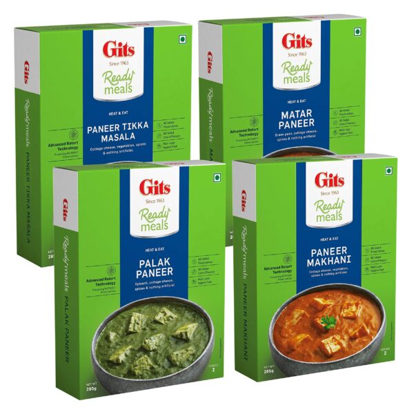 Gits Ready to Eat Paneer Combo 1140g (Matar Paneer, Palak Paneer, Paneer Tikka Masala, Paneer Makhani - 285g Each) - Fast Shipping to USA & Canada