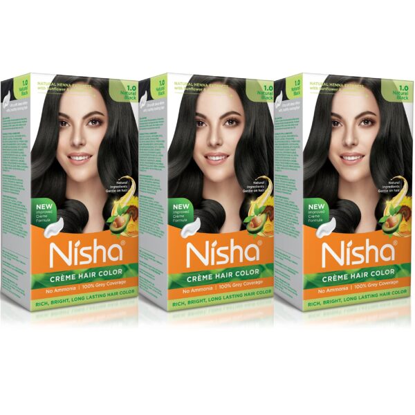 Nisha Creme Hair Color Natural Black 120g Pack of 3, Permanent Hair Color for Women & Men, Black Hair Colour