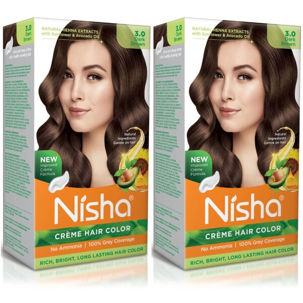 Nisha Creme Hair Colour 3 DARK BROWN (60gm + 60ml + 18ml Nisha Conditioner with Natural Herbs 100% Grey Hair Coverage) Pack of 2 - Fast Shipping to USA & Canada