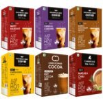 Colombian Brew Coffee Premix Cappuccino, Hazelnut, Vanilla Caramel, Double Choco Mocha, Cambridge Tea Party Masala Chai Premix, Christopher Cocoa Hot Cocoa Mix 10 3 in 1 Instant Premix Sachets Box x 6 - Fast Shipping to USA & Canada