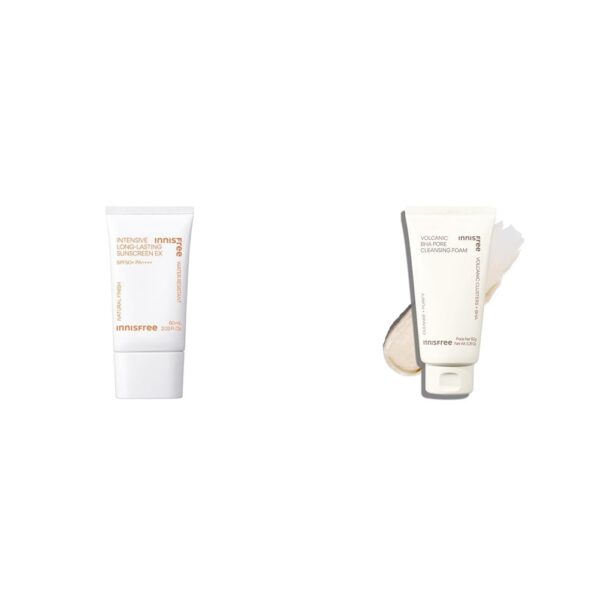 Innisfree Intensive Long Lasting Sunscreen 50 ml with SPF 50+ PA++++ for Long Lasting Matte Finish,Innisfree Volcanic BHA Pore Cleansing Foam 150 grams with Volcanic Custers for clogged pores, Oily/ - Fast Shipping to USA & Canada
