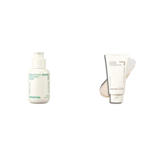 Innisfree Green Tea Hyaluronic Hydrating Serum 80ml for Glowing & Hydrated Skin with Hyaluronic Aci,Innisfree Volcanic BHA Pore Cleansing Foam 150 grams with Volcanic Custers for clogged pores, Oily/