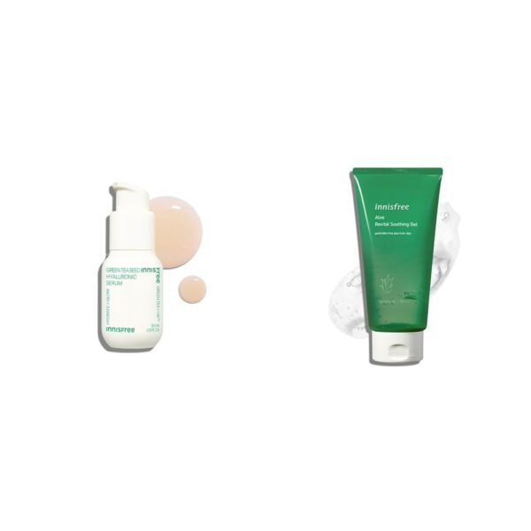 Innisfree Green Tea Hyaluronic Hydrating Serum 30ml for Glowing & Hydrated Skin with Hyaluronic Aci,Innisfree Aloe Vera Revital Soothing Gel 300ml, with Jeju Aloe Vera extarct for all skin types - Fast Shipping to USA & Canada