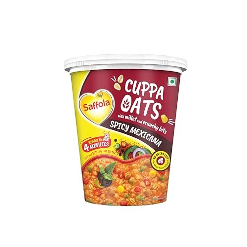 Saffola Cuppa Oats, Spicy Mexicana | Tasty Mazedaar Snack | Just add hot water | Goodness of Jowar & Veggies | No Maida, No Added Preservatives | Helps Manage Weight |44G - Fast Shipping to USA & Canada