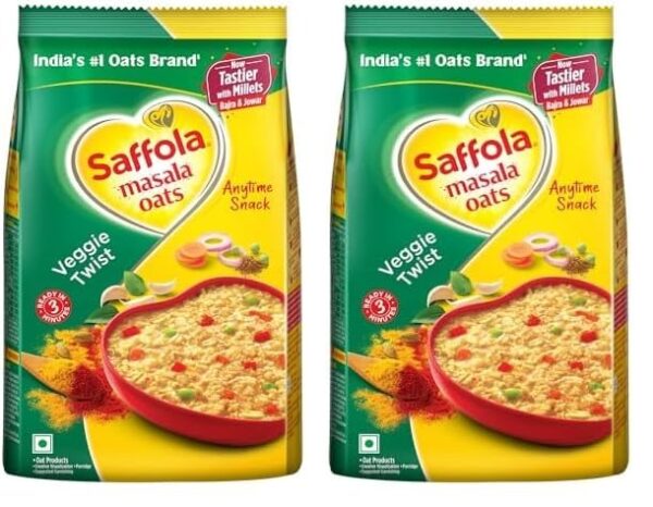 Saffola Masala Oats |Veggie Twist | Tasty, Anytime Snack | Ready in 3 mins | Millets Goodness- with Bajra & Jowar | No maida, No added preservatives | Oats helps manage weight |500g (Pack of 2) - Fast Shipping to USA & Canada
