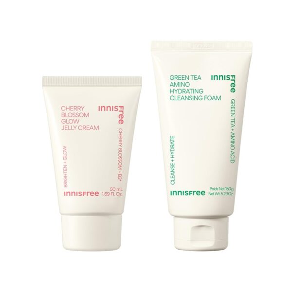 Innisfree Jeju Cherry Blossom Jelly Cream with Niacinamide & Innisfree Green Tea Hydrating Amino Acid Foam Cleanser 150grams for Daily Cleansing | Skin Brightening and Moisturization Combo