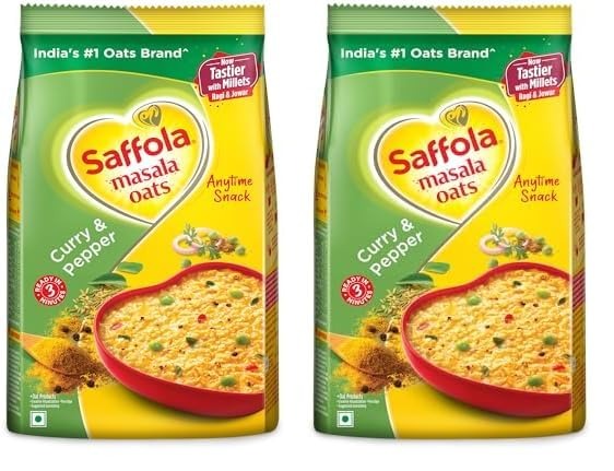 Saffola Masala Oats |Curry & Pepper | Tasty, Anytime Snack | Ready In 3 Mins | Millets Goodness- With Ragi & Jowar | No Maida, No Added Preservatives | Oats Helps Manage Weight |500G .. (Pack of 2) - Fast Shipping to USA & Canada