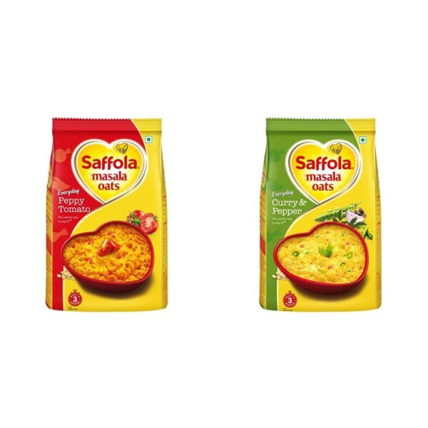Saffola Masala Oats, Tasty Evening Snack, Peppy Tomato, 500g & Saffola Masala Oats, Tasty Evening Snack, Curry&Pepper, 500g - Fast Shipping to USA & Canada