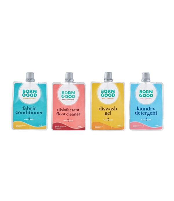 Born Good Plant Based Laundry Detergent, Disinfectant Floor Cleaner, Fabric Conditioner And Dishwash Gel - 40 ml Each (Combo Pack of 4) Trial Pack - Fast Shipping to USA & Canada