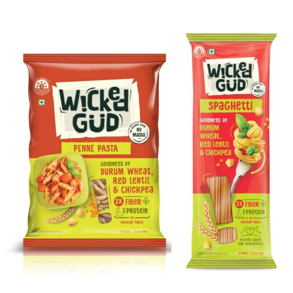 WickedGud 2X Fiber Penne & Spaghetti Pasta Combo | No Maida | Durum Wheat Semolina | Brown Rice | Red Lentils | Healthy Diet Pasta - 400gm x 2 - Fast Shipping to USA & Canada