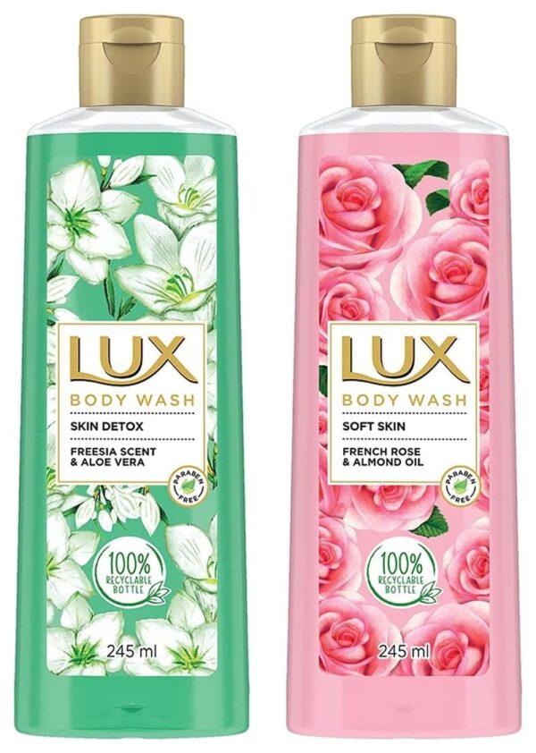 Lux Shower Gel, Freesia Scent & Aloe Vera Bodywash, Skin Cleanser With Long Lasting Fragrance, Paraben Free, 245ml & Shower Gel, French Rose Fragrance & Almond Oil Bodywash, 245ml - Fast Shipping to USA & Canada
