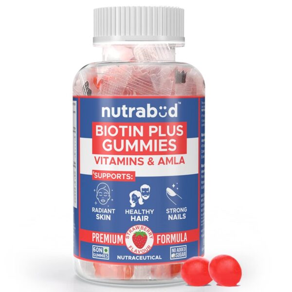 Nutrabud Biotin Hair Gummies For Women, Men | No Added Sugar | For Healthy Hair Growth, Skin Glow & Strong Nails | Strawberry Flavor Veg Gummy Bear Supplement - 60 Count (Pack of 1) - Fast Shipping to USA & Canada