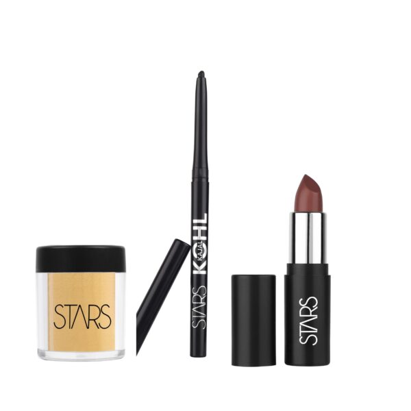 Stars Cosmetics Eyeshadow Pigment Powder (Gold) Kohl Kajal Pencil and Lush Lip Lipstick (Magnetic Mahogany) for Girls Womens - Fast Shipping to USA & Canada