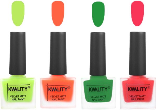 Kwality Velvet Dull Matte Posh Shades Party Girl Range Nail Polish | Velvet Matte Nail Paint 4 pc Combo Parrot Green,Carrot Orange,Dark Green,Pink Mania - Fast Shipping to USA & Canada