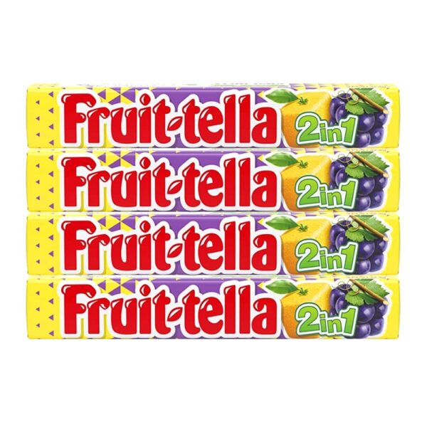 Fruit-Tella 2 in 1 Lemon Grape Flavour Chewy Candy, 32.4 g, 4 Pack - Fast Shipping to USA & Canada