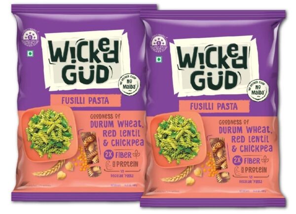 WickedGud 2X Fiber Fusilli Pasta | No Maida | Durum Wheat Semolina | Brown Rice | Red Lentils | Healthy Diet Pasta - 400gm x 2 - Fast Shipping to USA & Canada
