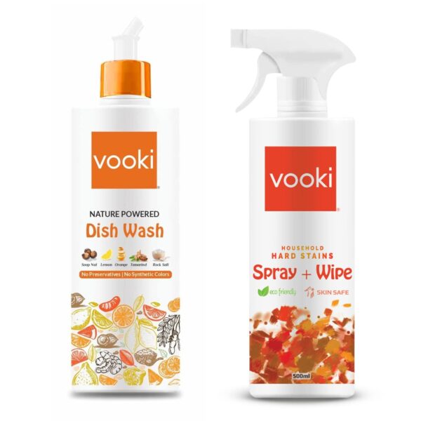 Vooki Nature Powered Natural Dish Wash Gel and Ecofriendly Hard Stains Spray and Wipe - 500 Ml Each, (Combo Pack of 2) - Fast Shipping to USA & Canada