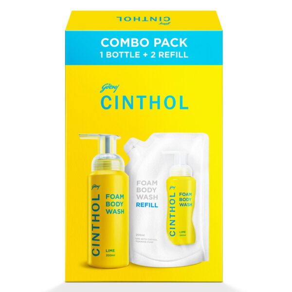 Cinthol Lime Foam Body Wash - Combi Pack (600ml) | 1 Bottle & 2 Refill | Unique Foam Formula for Moisturized & Irresistibly Soft Skin | Suitable for All Skin Types - Fast Shipping to USA & Canada