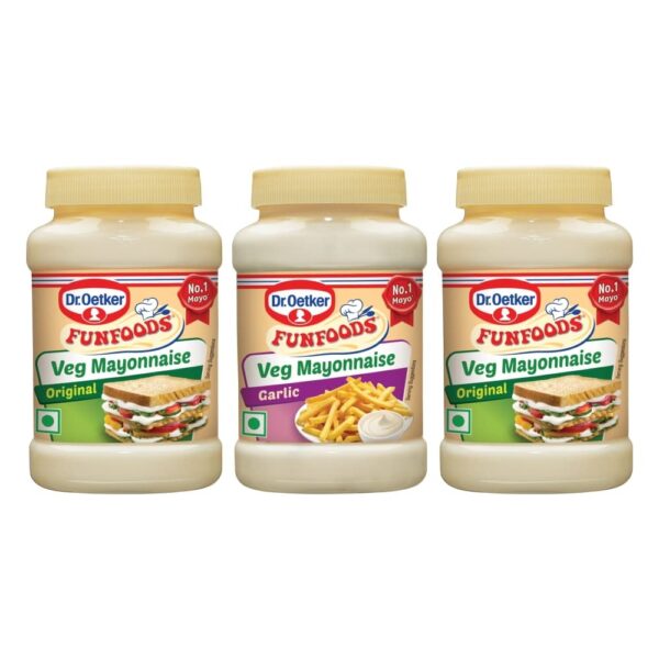 Dr. Oetker FunFoods Vegetarian Mayonnaise Combo - Veg Mayonnaise Original 250g (Pack of 2) and Garlic Mayonnaise 250 Gram (Pack of 1) - Fast Shipping to USA & Canada