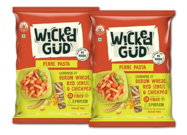WickedGud 2X Fiber Penne Pasta | No Maida | Durum Wheat Semolina | Brown Rice | Red Lentils | Healthy Diet Pasta - 400gm x 2 - Fast Shipping to USA & Canada