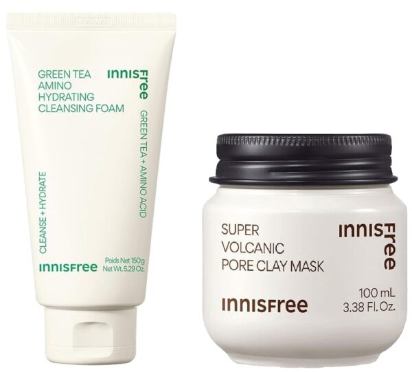 Innisfree Super Volcanic Pore Clay Mask 2X 100ml & Innisfree Green Tea Foam Cleanser Combo - Fast Shipping to USA & Canada