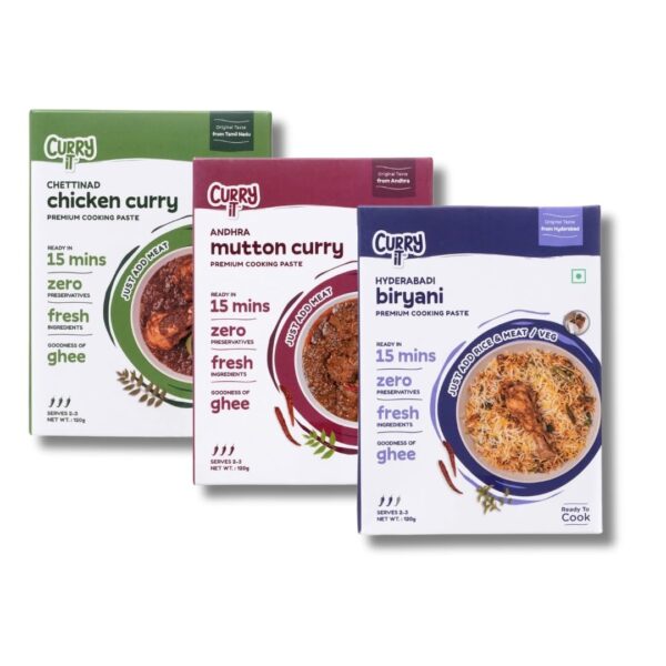 CURRYiT South India Masala Kit 120g Each (Pack of 3) | Curry Paste - Andhra Mutton, Chettinad Chicken, Hyderabadi Biryani | Indian Masala Gravy | Made with Desi Ghee |Easy & Ready to Cook in 15 Min - Fast Shipping to USA & Canada