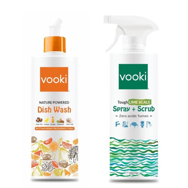 Vooki Nature Powered Natural Dish Wash Gel and Ecofriendly Tough Lime Scale Stain Descaler Remover Spray - 500 Ml Each, (Combo Pack of 2) - Fast Shipping to USA & Canada