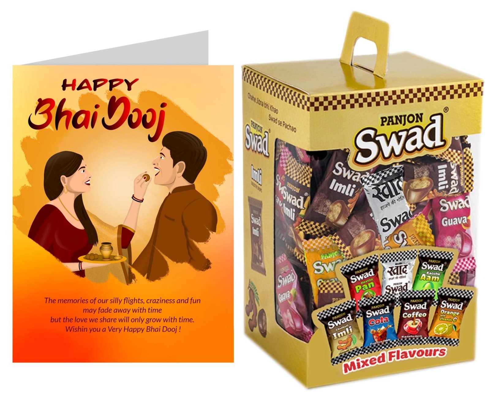 71-HpS6uXgL-1.jpg Swad Gift for Happy Bhai Dooj bhaiduj with Card for brother sister (Swad Mixed Candy 125 Gift Box & 1 Greeting card) - Fast Shipping to USA & Canada - Image 1