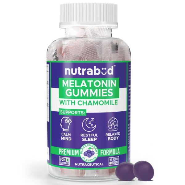 Nutrabud Melatonin Sleep Gummies 3mg For Men, Women | No Added Sugar | Fall Asleep Fast & Restful Deep Sleep | Blackcurrant Flavor Veg Gummy Supplement (60 Count (Pack of 1)) - Fast Shipping to USA & Canada
