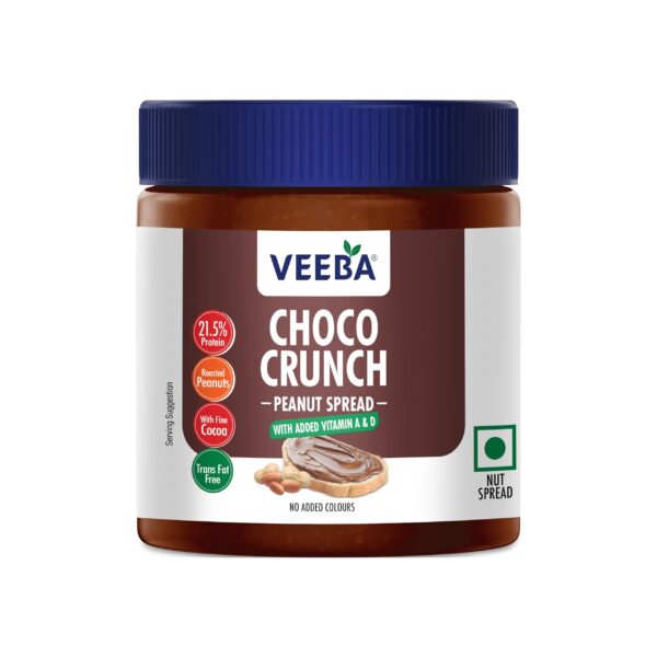 VEEBA Choco Peanut Spread Crunchy | High Protein | Naturally Gluten Free | Trans Fat Free | Vegan | No Added Preservatives | No Added Colour & Flavour | Non GMO | 340g |with Fine Cocoa - Fast Shipping to USA & Canada