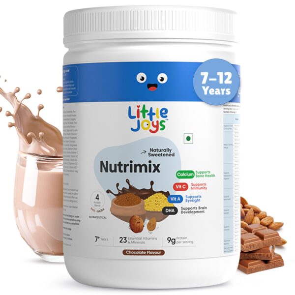 Little Joys Chocolate Nutrimix 7+ (350g) | 7-12 Years | Naturally Sweetened with Dates & Jaggery | With 23 Essential Vitamins & Minerals | 9g Protein per Serving | Supports Healthy Growth & Boosts Immunity | With Ragi, Bajra, Almonds & Oats | Chocolate Flavour Nutrition Drink Powder - Fast Shipping to USA & Canada