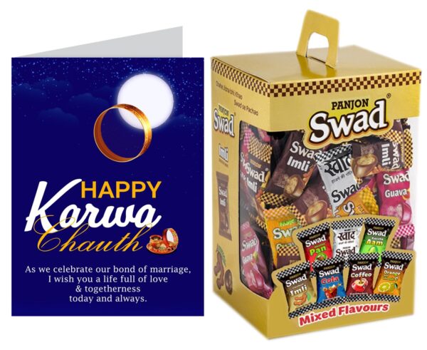 Swad Happy Karwa Chouth Chauth Gift for wife with Card (Swad Mixed Candy 125 Gift Box & 1 Greeting card) - Fast Shipping to USA & Canada