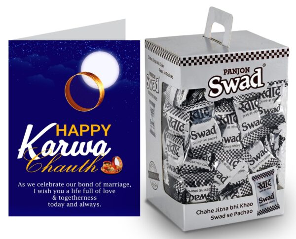 Swad Happy Karwa Chouth Chauth Gift for wife with Card (Swad Digestive Candy 125 Gift Box & 1 Greeting card) - Fast Shipping to USA & Canada
