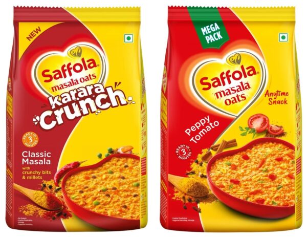 Saffola Masala Oats Karara Crunch, Tasty Evening Snack, Classic Masala with Crunchy Bits and Millets, 500g & Saffola Masala Oats | Tasty Evening Snack| Healthy Snack| Peppy Tomato| 500g - Fast Shipping to USA & Canada