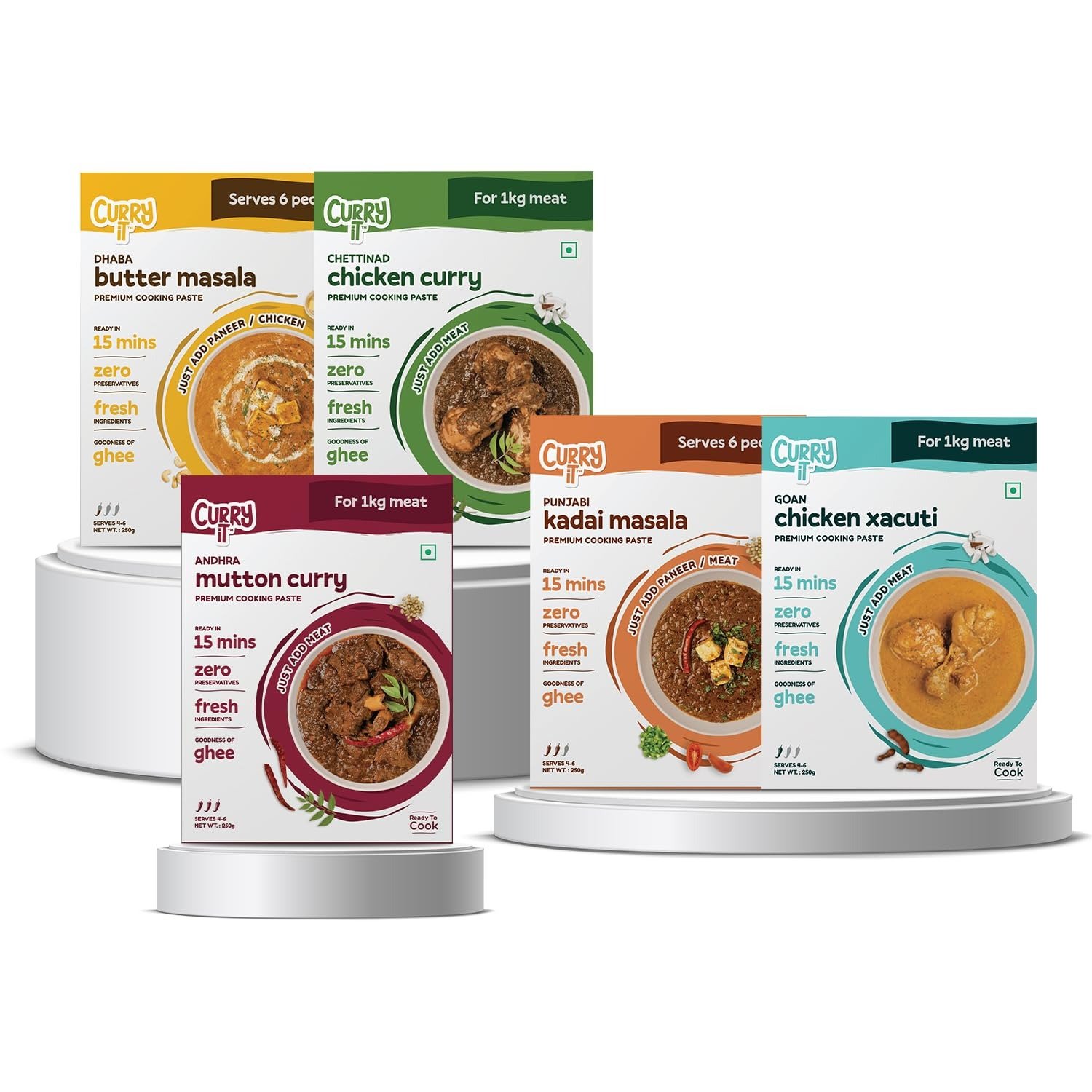 71DtgE054lL-1.jpg CURRYiT Ready to Cook Chicken Masala Combo (Pack of 5 250g each)|Butter Chicken| Goan Chicken Xacut| Andhra Mutton | Chettinad Chicken & Punjabi Kadhai | Add Chicken | Made with Ghee| Ready in 15 Minutes |No Preservatives - Fast Shipping to USA & Canada - Image 1