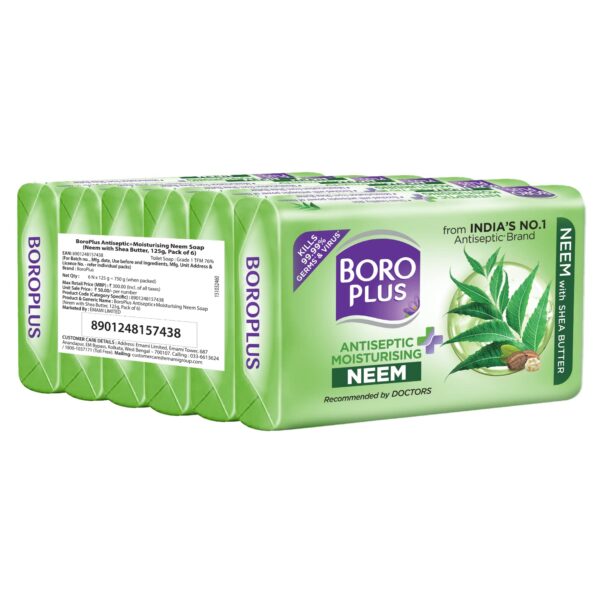 BoroPlus Antiseptic And Moisturising Bathing Neem Soap With Neem, Tea Tree, Aloe Vera & Shea Butter | 99.9% Germ And Virus Protection | For Smooth, Soft, Moisturised & Nourished Skin, 125G (Pack Of 6) - Fast Shipping to USA & Canada