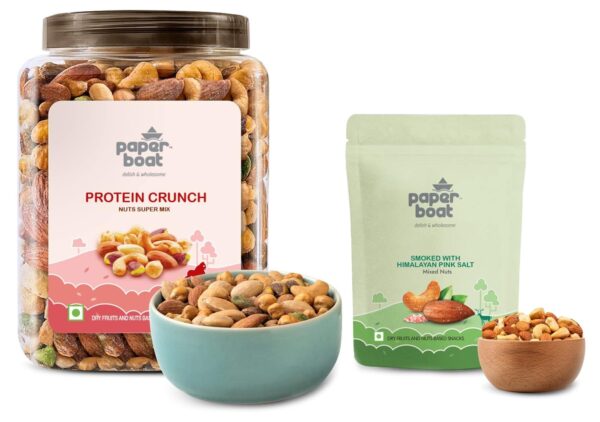 Paper Boat Protein Crunch, Premium Dry Fruit Mix, Healthy Trail Mix with Dry Fruits (1Kg) & Paper Boat Smoked and Roasted Mixed Nuts with Himalayan Pink Salt, Pouch (200g) - Fast Shipping to USA & Canada