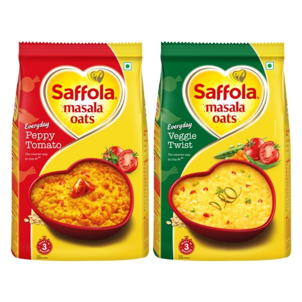 Saffola Masala Oats, Tasty Evening Snack, Peppy Tomato, 500g & Saffola Masala Oats, Tasty Evening Snack, Veggie Twist, 500g - Fast Shipping to USA & Canada