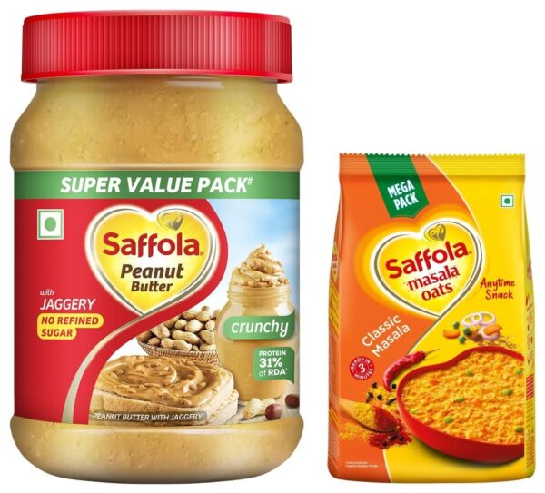 Saffola Peanut Butter Crunchy| High Protein Peanut Butter | Only Jaggery, No Refined Sugar, 900g & Saffola Masala Oats | Tasty Evening Snack| Healthy Snack| Classic Masala| 500g - Fast Shipping to USA & Canada