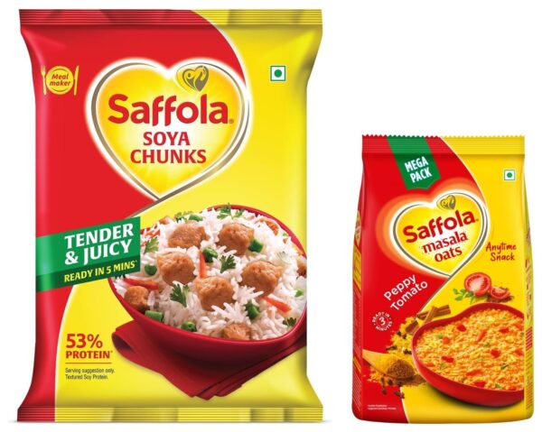 Saffola Soya Chunks with Supersoft Technology, 53% Protien, Tender & Juicy, 1kg & Saffola Masala Oats | Tasty Evening Snack| Healthy Snack| Peppy Tomato| 500g - Fast Shipping to USA & Canada