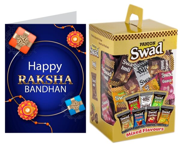 Swad Happy Raksha Bandhan Rakhi Gift with Card (Swad Mixed Candy 125 Gift Box & 1 Greeting card) - Fast Shipping to USA & Canada
