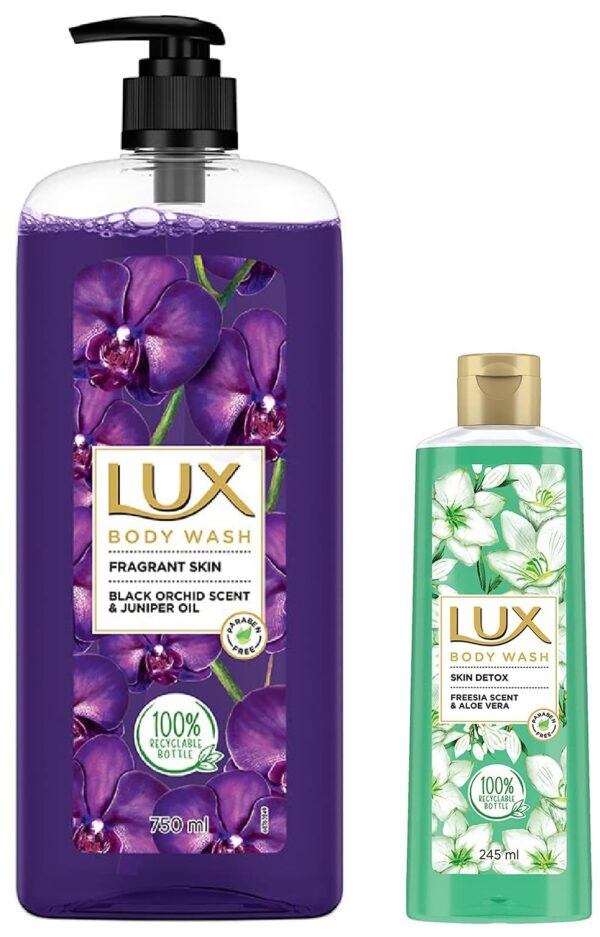 Lux Body Wash Fragrant Skin Black Orchid Scent & Juniper Oil SuperSaver XL Pump Bottle with Long Lasting Fragrance & LUX Shower Gel Combo - Fast Shipping to USA & Canada
