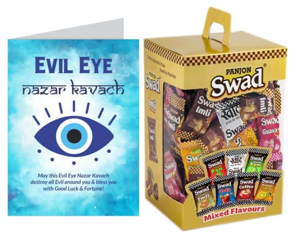 Swad Evil Eye Nazar Kavach Gift with Card (Swad Mixed Candy 125 Gift Box & 1 Greeting card) - Fast Shipping to USA & Canada