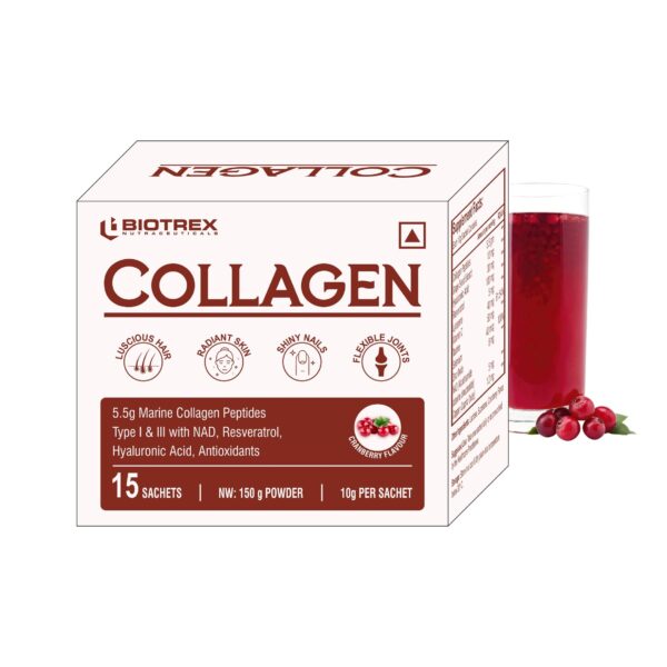 Collagen Powder Supplement - 15 Sachets For Men & Women, Marine Collagen Powder Supports Healthy Skin, Luscious Hair, Flexible Joints, Shiny Nails, Cranberry Flavour - Fast Shipping to USA & Canada