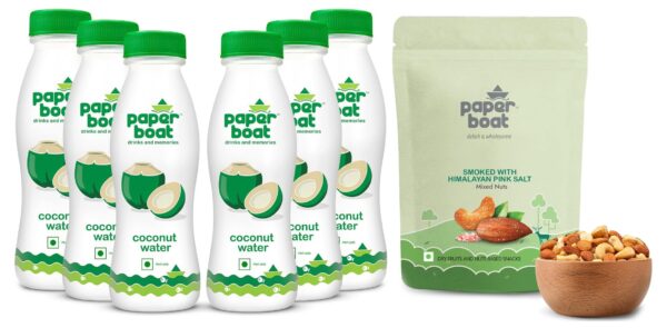 Paper Boat Smoked and Roasted Mixed Nuts with Himalayan Pink Salt, Pouch (200g) & Paper Boat Coconut Water, Refreshing Coconut Flavour, Vital Minerals (Pack of 6, 200ml Each) - Fast Shipping to USA & Canada