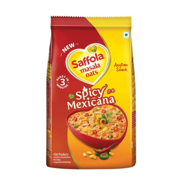 Saffola Masala Oats Spicy Mexicana, Spicy Flavoured Rolled Oats with High Fibre, Yummy Anytime Snack, 400g - Fast Shipping to USA & Canada