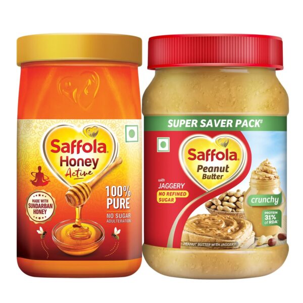 Saffola Honey Active, Made with Sundarban Forest Honey, 1Kg & Saffola Peanut Butter Crunchy| High Protein Peanut Butter, 900g - Fast Shipping to USA & Canada
